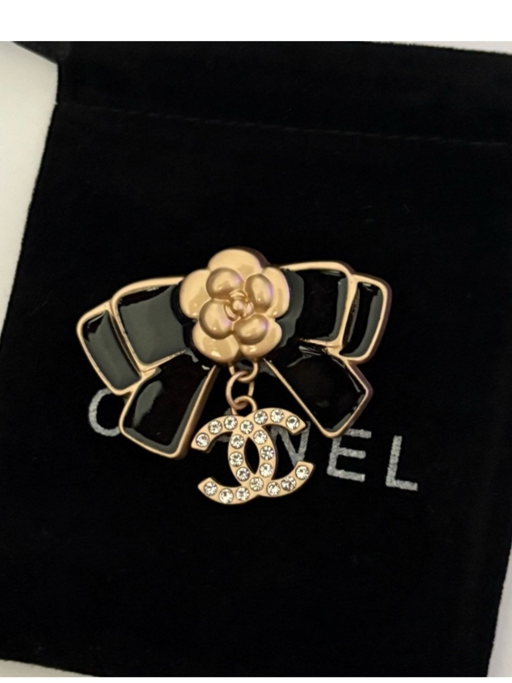Bow/flower goldtone faux crystals double C pin brooch NEW dustbag